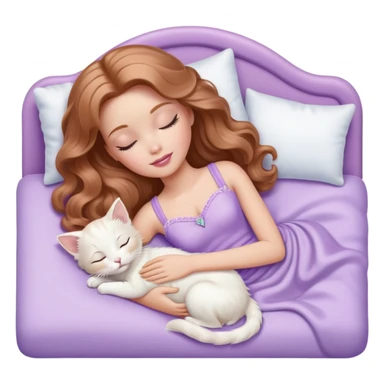 White Barbie girl Chestnut long wavy hair sleeping with white kitten at pale lavander bed sticker