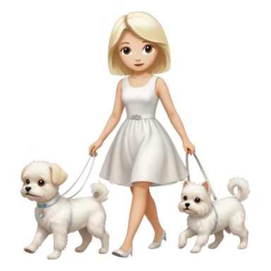 blonde woman wearing white, walking a small maltese dog. sticker