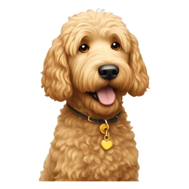 Golden doodle dog lovingly looking at his human fathers. They are in a meadow cliff overlooking a small village. sticker