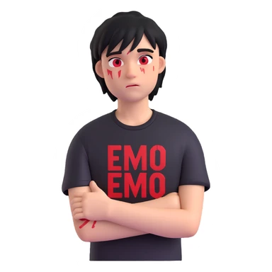 emo person with arm scars, black t-shirt with bold red lettering, emotional expression sticker