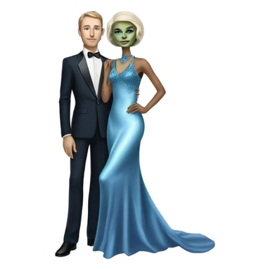 reptilian alien woman, in long slim pastel blue formal party satin dress with gradient shiny sparkling navy blue diamonds embroidered , and caucasian man in black dress sticker