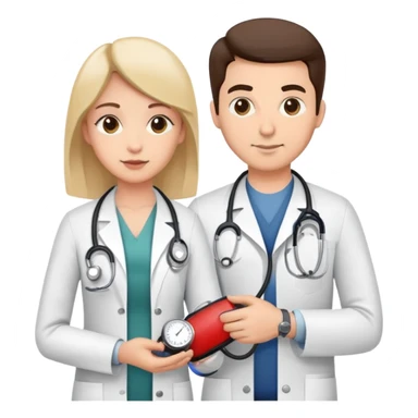 Doctor measuring patient's blood pressure with sphygmomanometer and stethoscope, medical pressure check sticker