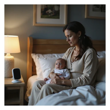 hyperrealistic 4K image of new mother sitting on bed, baby monitor on nightstand, glancing at it with anxious expression, dark circles under eyes, nursery filled with safety devices sticker