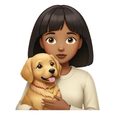 A black girl with short bangs holding a golden retriever sticker
