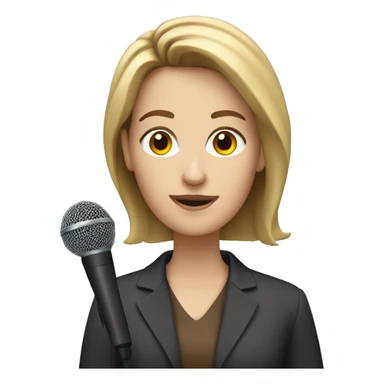 A white woman, straight and brown hair, with a microphone being a journalist sticker