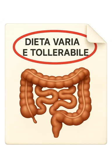 emoji stile iphone di un foglio con un INTESTINO disegnatO sopra e la scritta "DIETA VARIA E TOLLERABILE" CERCHIATA IN ROSSO, iperrealistico 4k, isolato su sfondo bianco sticker
