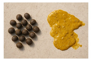 feci di animale a palline viste dall'alto e feci di animale liquide e gialline viste dall'alto, iperrealistico 4k sticker