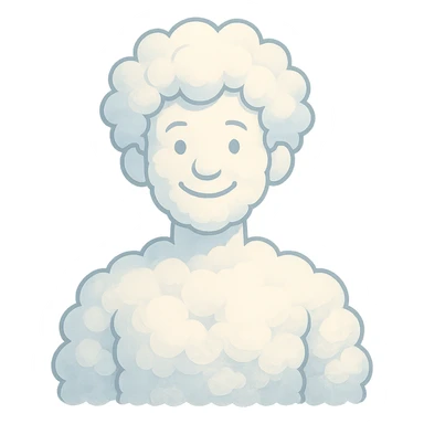 bright and recognizable person from shoulders, front view, composed of cloud-like shapes similar to reference, no text sticker