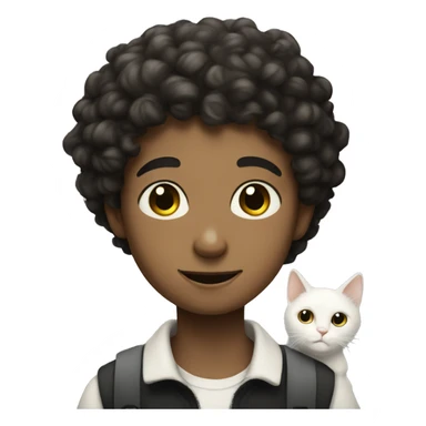 curly headed boy with white cat with large black spots sticker