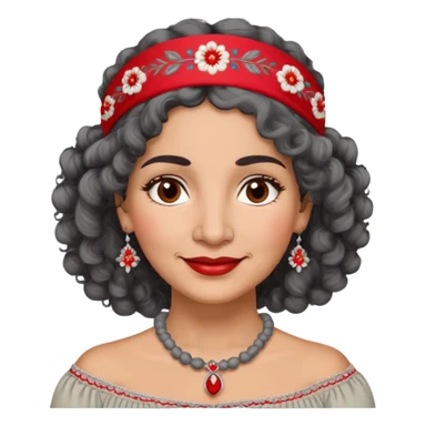 Latina woman, about 50 years old, warm light brown skin, round soft face, curly black and gray hair, red and white headband, medium eyes, thin eyebrows, gentle smile, gray peasant blouse with embroidery, bare shoulders, large dark necklace sticker