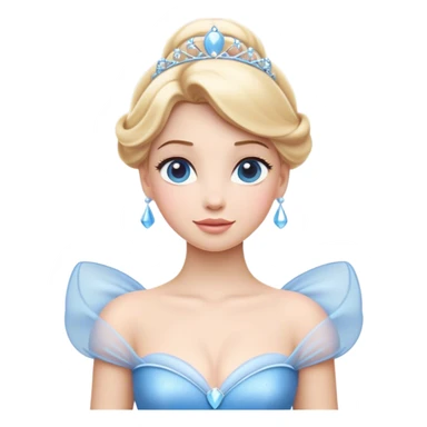 Cinematic Elegant Cinderella Portrait Emoji, rendered in a flat, vector-style with minimal shading and bold, simplified shapes. Depict Cinderella in her classic ball gown (chest and above) with fair, porcelain skin and elegantly styled blonde hair, her eyes soft and kind, and her expression serene and graceful. The design glows with a gentle, enchanting radiance and high shine, capturing the timeless beauty of a fairy tale princess. sticker
