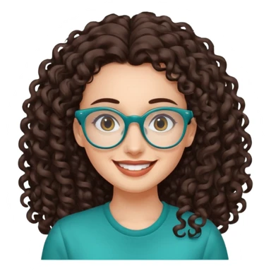 woman with extra large forehead, very long dark brown curly hair, teal glasses, smiling sticker