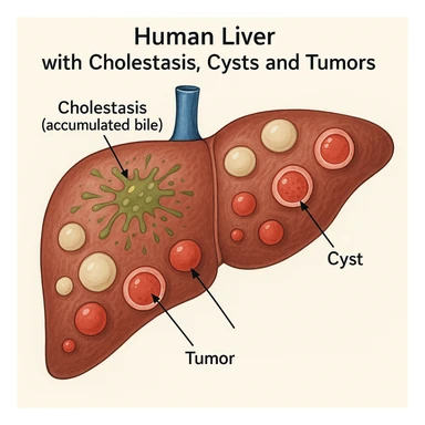 medical illustration of human liver with cholestasis (accumulated bile), cysts and tumors, different conditions highlighted with specific colors and signs, clear, informative and scientific style sticker