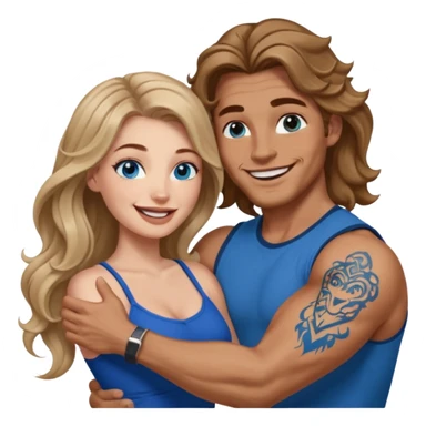 Women with blue eyes and very long, brown blond balayage curled hair in the arms of a man with strong arms a straight face, a very sexy man blue eyes and tattoos on his arm. They are laughing  sticker
