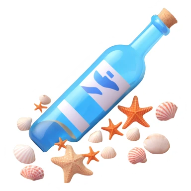 blue ticket inside a bottle, partially buried in sand with seashells sticker