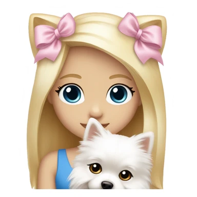Blond girl white skin blue eyes hugging white Pomeranian with light pink bow sticker