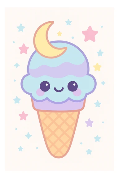 Add a cone with stars to the moonbeam ice cream, keep kawaii style, smiling face, stars, blue and purple hues, emphasizing cuteness and charm. sticker