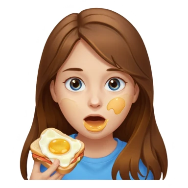 Girl with brown long hair and blue eyes eating egg sandwich. Messy egg all over face.  sticker