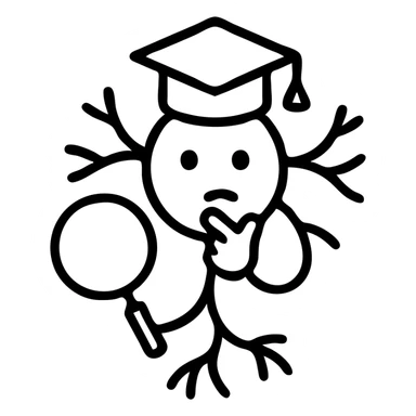 neuron styled as student detective, with graduation cap, magnifying glass, thoughtful pose, minimal outlined icon style sticker