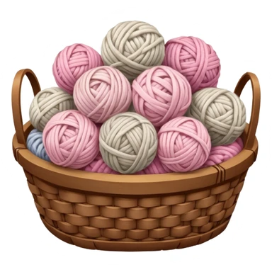 detailed, hyperrealism, still life beautiful ball of chunky white to light pink color wool, placed in realistic vintage wooden basket, with other types of wool, to knit a blanket. Transparent background  sticker