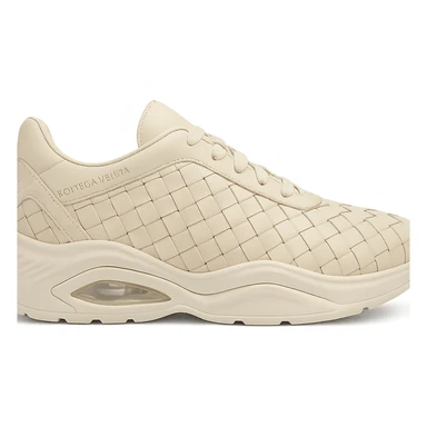 Bottega Veneta Orbit sneaker, close-up on woven leather, modern silhouette, premium craftsmanship sticker