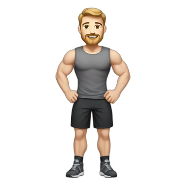 Full height Pale skinned fit man With biceps, Realistic eyes and mouth, light brown hair and stubble In dark gray sleeveless mike, black oversize sports shorts, watch and white sneakers. sticker