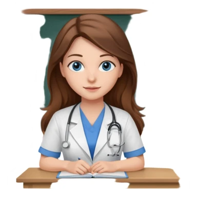university classroom that says nursing school on the blackboard with a pretty female nursing student with long brown hair, blue eyes sticker