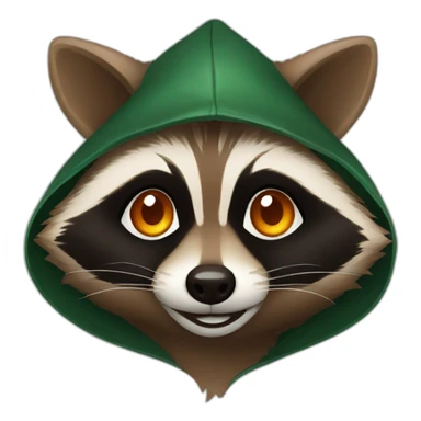brown raccoon with orange eyes and a dark green hood that is smiling sticker