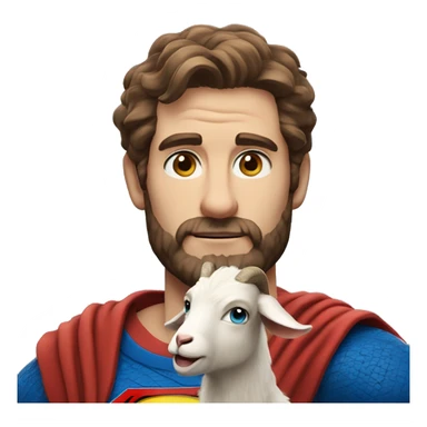 Man holding a goat, redish brown hair redish scruffy beard, blue eyes, wearing a superman outfit sticker
