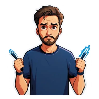 Man holding both arms in the air and holding an electrical cable der Man looks sad sticker