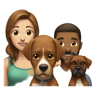 a girl with brown hair, a man with short buzz brown hair with a beard, sitting, with two brown boxer dogs sticker
