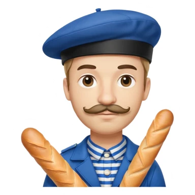 French man with blue and white striped shirt, black beret, holding a baguette, mustache sticker