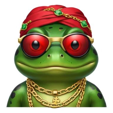 thug life frog wearing black sunglasses, gold chain, bandana, dollar sign bling sticker