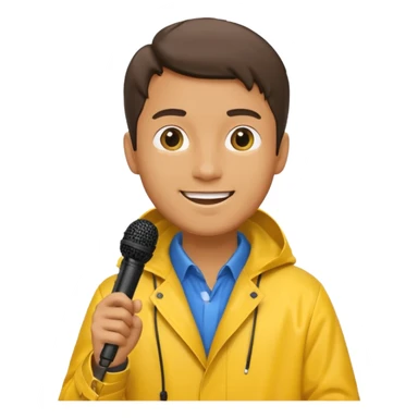 man with rain coat and microphone sticker