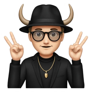 man dressed in black with dark glasses and a black hat making the horns gesture with both hands sticker