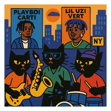 black cats as a funky music gang in New York with Playboi Carti and Lil Uzi Vert in the background sticker