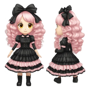 Vestido rosa pastel y negro gothic lolita, cuerpo completo, color de piel morena, pelo largo, pelo de color rojo y negro sticker