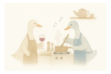 4:3 Monet impressionist scene, two ducks (male and female) cooking, sharing wine, music playing, warm kitchen, dappled light, soft colors, painterly style sticker