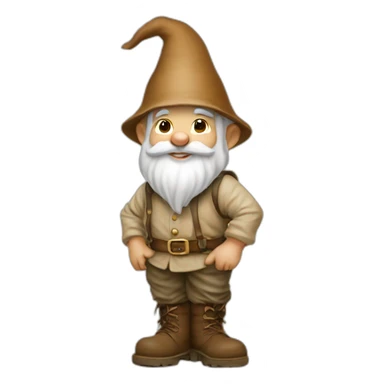 side view of gnome with light tan pants and boots squatting on top of small brown mud sticker