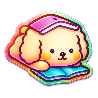 Transform the image into a WhatsApp sticker style with the cute dog holding a book on its head. Remove the background completely and add a white border around the dog for a sticker effect. sticker