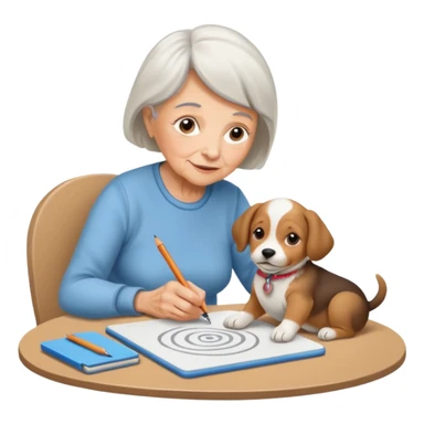 An elderly woman sketching her puppy on the spiral pad. sticker
