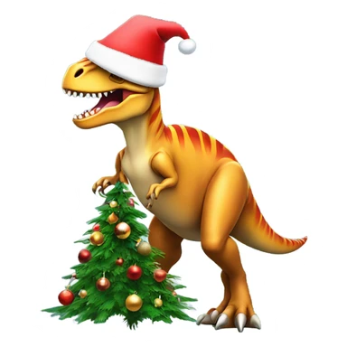 T. rex wearing a Santa hat decorating a Christmas tree sticker