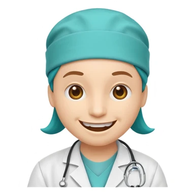 iPhone emoji style smiley face with an extremely wide, exaggerated smile, wearing a white doctor lab coat and teal surgical cap sticker