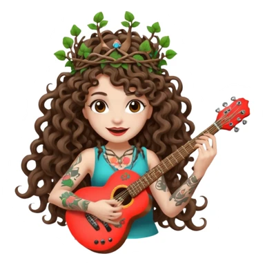 woman with long curly brown hair, brown eyes, white skin, tattoos, wearing a mushroom crown and tuning a neon vine guitar, mischievous rock grin sticker