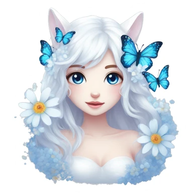 Edgy Cute Cool Kawaii gorgeous sparkly ethereal white fantasy animal with blue eyes sona with flowers and butterflies sticker