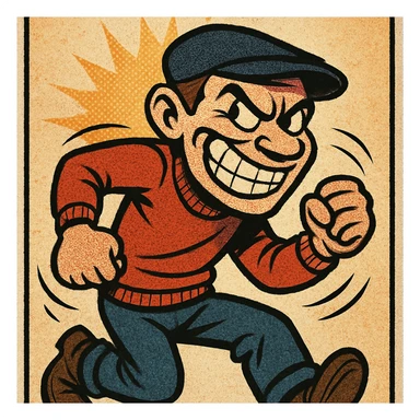 mischievous troublemaker, exaggerated sneer, bold outlines, comic book style sticker