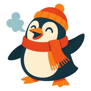 cheerful penguin bundled up in a hat and scarf, with frosty breath and a joyful expression sticker