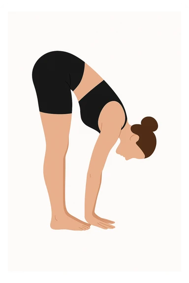 Minimalist flat vector illustration of a woman doing yoga in forward fold pose (Uttanasana), wearing sportswear (black top and black shorts), brown hair in a bun, clean white background, no face details, elegant style sticker