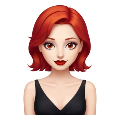 a woman with red hair and red eyes. The woman wear a black dress. She have red lipstick and she have a seductive look and smile sticker
