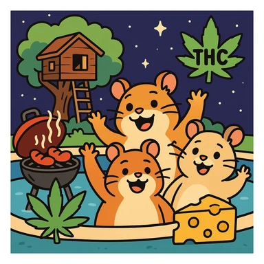 Discord server icon, 512x512 px, square format, summer pool cookout scene with up to 3 hamsters waving and smiling, weed leaf, cheese, and THC theme, near a treehouse, in space. Flat toon style, more saturated colors, bold outlines, nostalgic, fun, inviting, summer party vibe, clear composition, crisp details, designed to look good even at tiny size. sticker